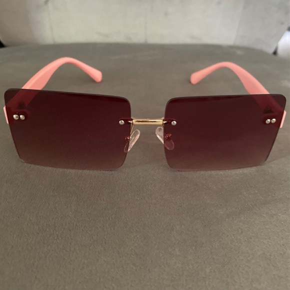 Sunglasses Pink Brown Gold Rectangle Lenses Rimless Frames - Picture 4 of 4